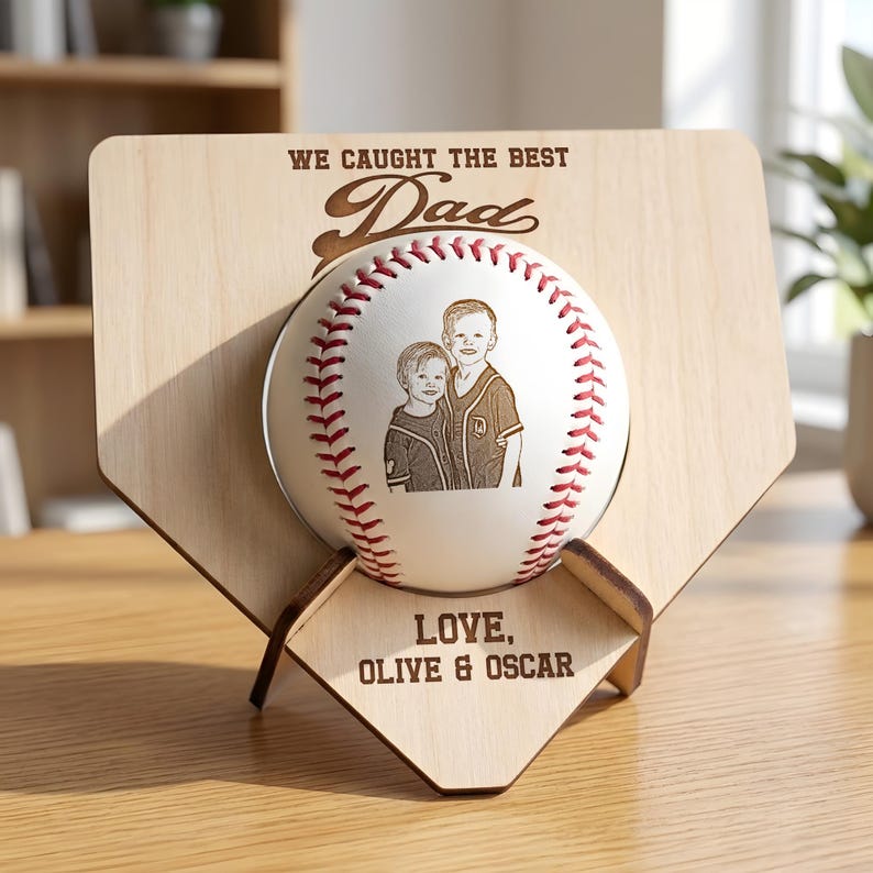 Wood baseball display with "we caught the best dad" message, a sentimental gift for a baseball dad.
