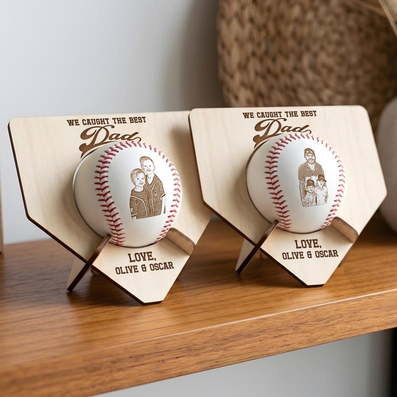Engraved Father's Day gifts like this wood baseball holder, featuring a personalized baseball with photo.