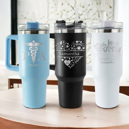 This custom insulated tumbler features a professional PA design, making it a unique physician assistant gift.