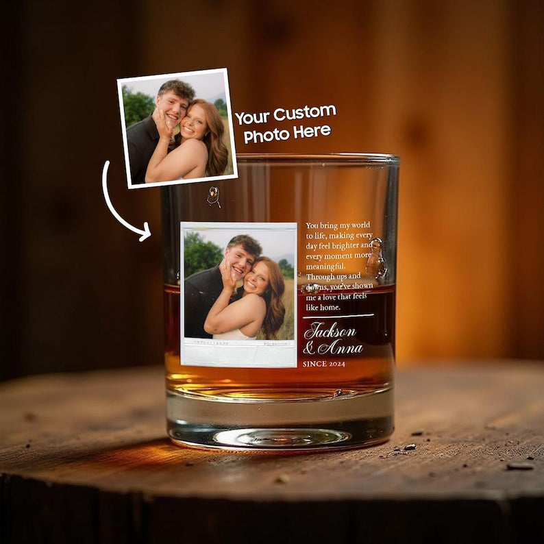 Personalized Polaroid Couple Photo Whiskey Glass, a unique custom photo whiskey glass and perfect Valentine's gift for him.