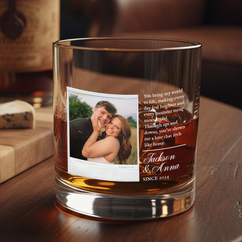 This custom printed glassware, a Personalized Polaroid Whiskey Glass, is an ideal couple Valentine's gift for any occasion.