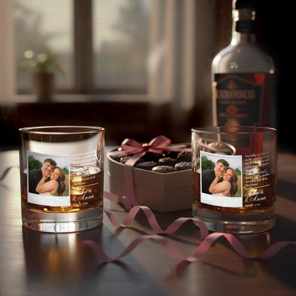A close-up of a custom bourbon glass featuring a Polaroid-style couple photo for unique custom whiskey glasses.