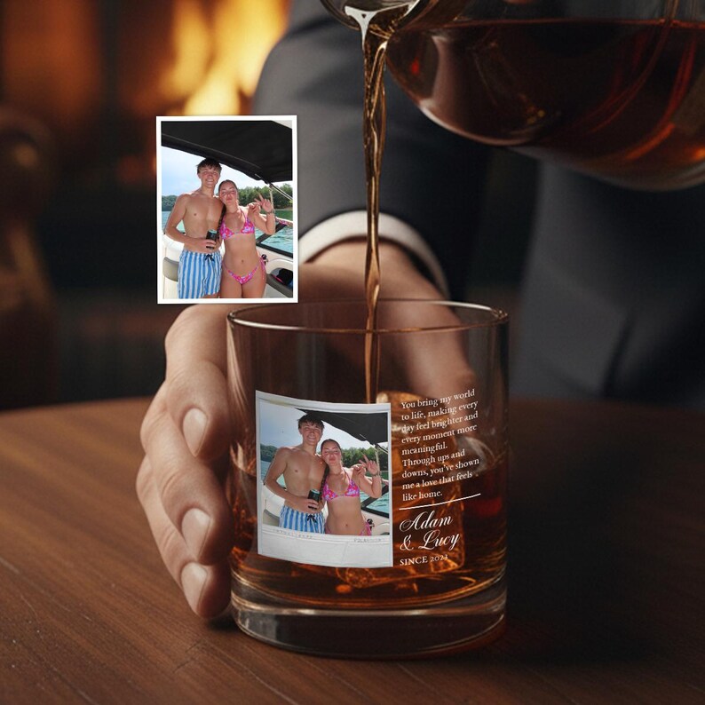 The perfect Valentine whiskey glass, this Personalized Polaroid Couple Photo Whiskey Glass is a romantic custom bourbon glass.