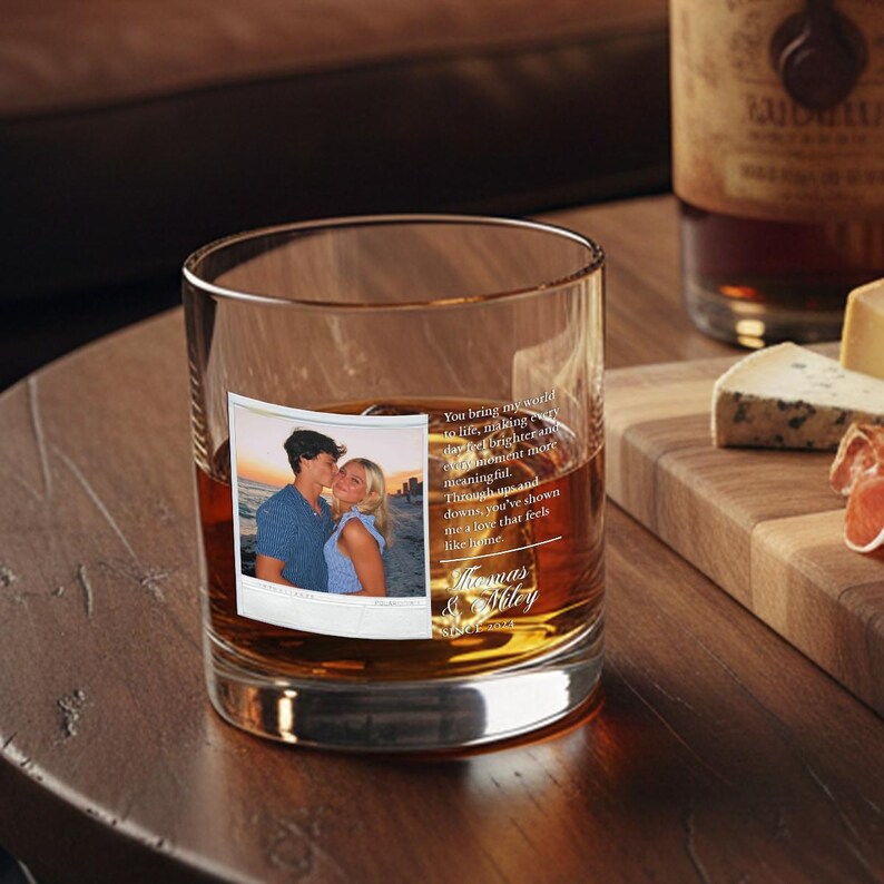 Custom photo whiskey glass, the Personalized Polaroid Whiskey Glass is a beautiful example of custom printed glassware.