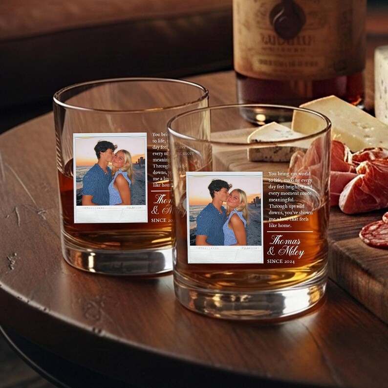 This couple whiskey glass, a Personalized Polaroid Couple Photo Whiskey Glass, makes a great romantic gift for him.