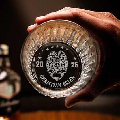Personalized Police Officer Graduation Whiskey Glass for Class of 2026, a unique and professional police officer gift.