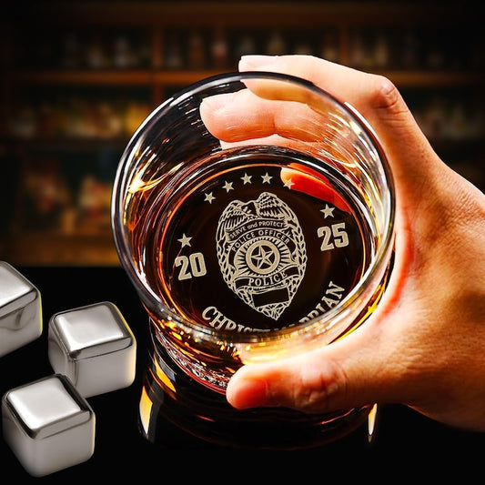 This custom etched whiskey glass features a law enforcement badge design, making it a perfect gift for new graduates.