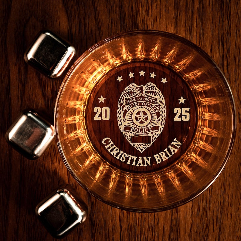 High-quality engraved whiskey glass for the police academy graduation, ideal for personalized whiskey glassware.