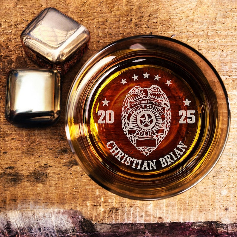 The perfect customized graduation gift, this cop-themed whiskey glass is a must-have for the Class of 2026.