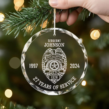 A Personalized Police Retirement Glass Ornament, a thoughtful crystal ornament and one of the best police retirement gifts.