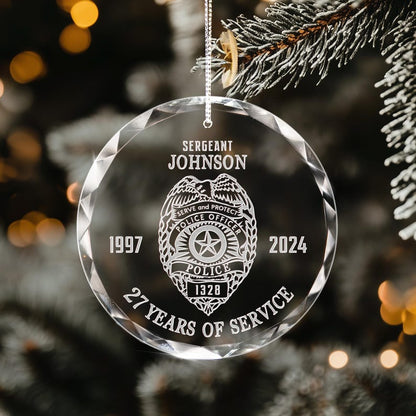 An elegant crystal ornament, the Personalized Police Retirement Glass Ornament is a cherished police officer gift for their retirement.