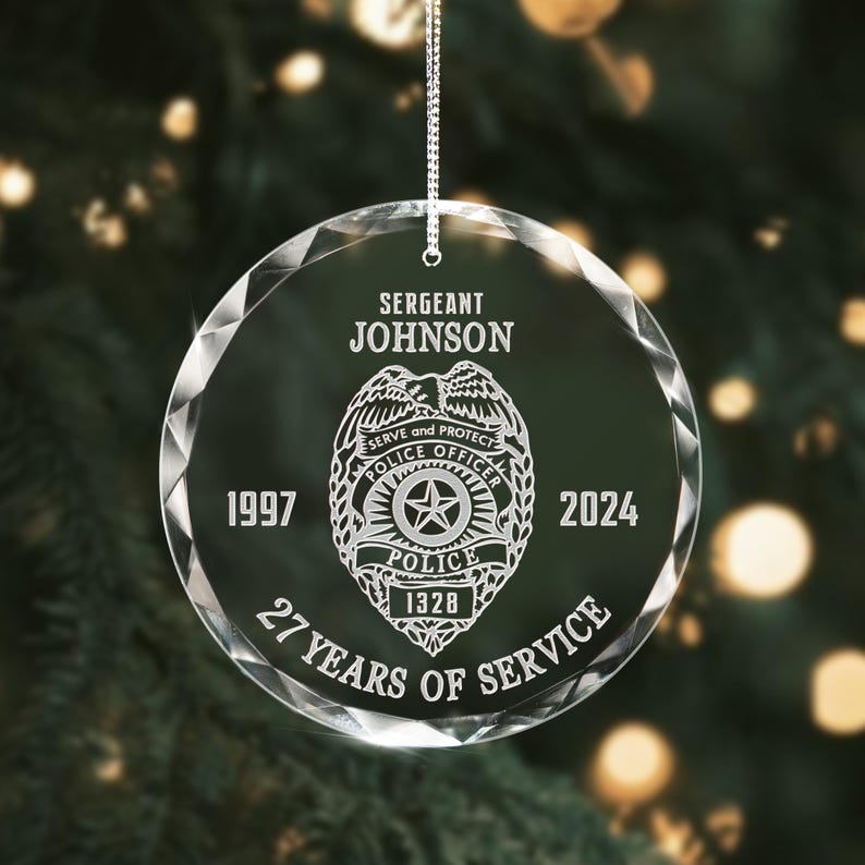 Mark a special milestone with this Personalized Police Retirement Glass Ornament, a beautifully crafted retirement ornament.