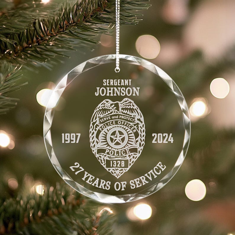 A memorable police retirement gift, this Personalized Police Retirement Glass Ornament is a custom police ornament they'll treasure.