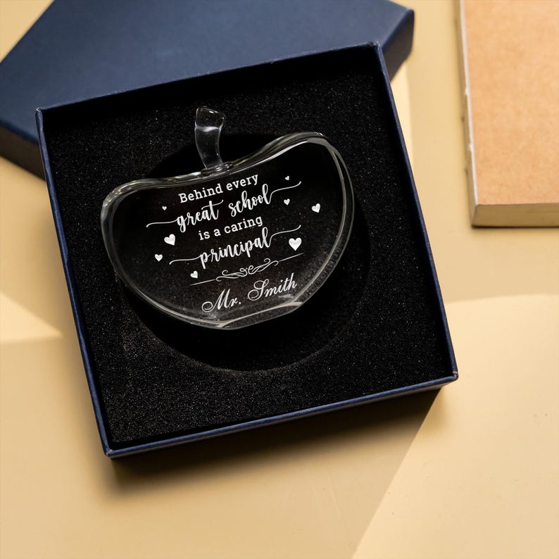 Personalized Principal Appreciation Crystal Paperweight, an elegant engraved gift for a principal from staff or teachers.
