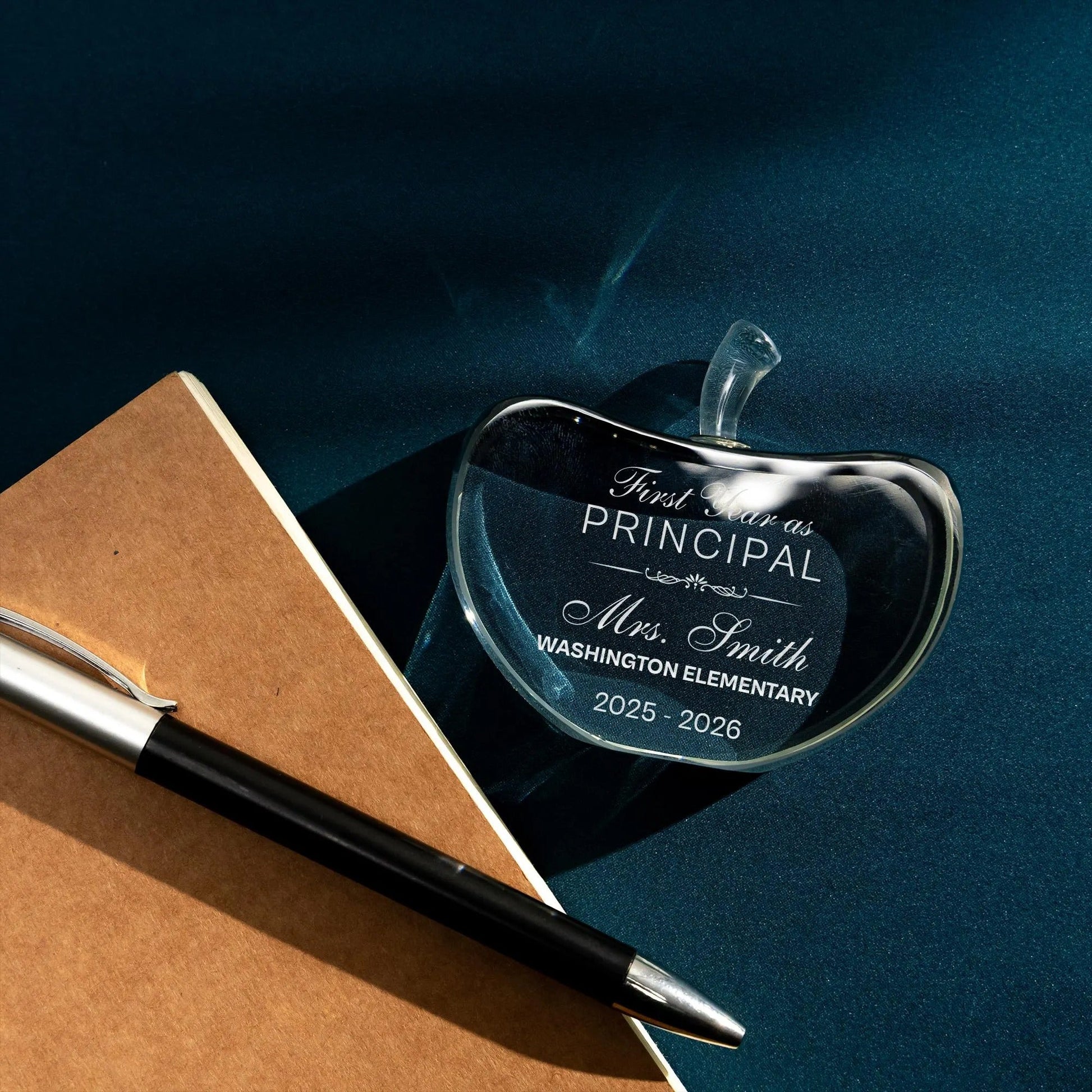 Principal appreciation day gift ideas include custom crystal paperweights with name and message  