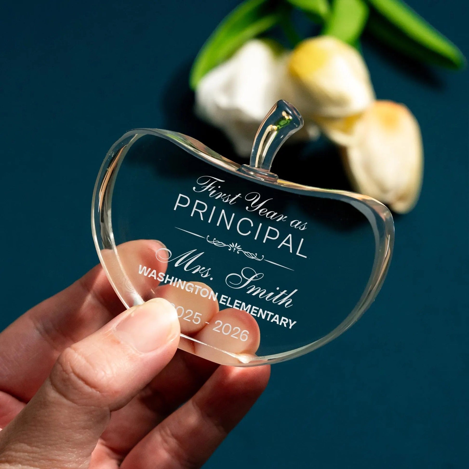 Personalized crystal paperweight designed to honor and celebrate school principals  
