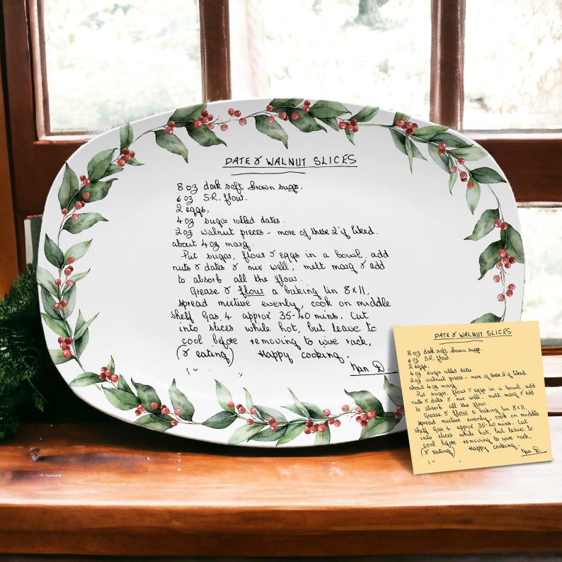 A Personalized Recipe Platter with Handwriting, a unique custom recipe platter and perfect gift for Mom.