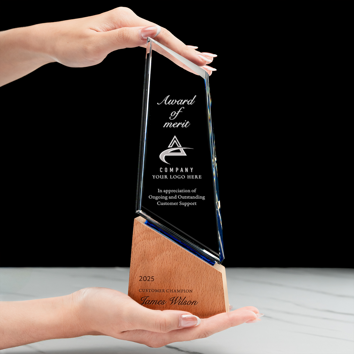 Personalized Recognition Crystal Award for Staff designed as a long service award to honor dedication