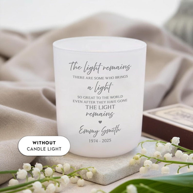This glass tealight candle holder, a Personalized Memorial Tealight Holder, is a beautiful memorial remembrance gift with scented soy tea light.