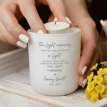 The ideal memorial remembrance gifts, this Personalized Tealight Holder is a custom funeral candle for someone who lost a loved one.