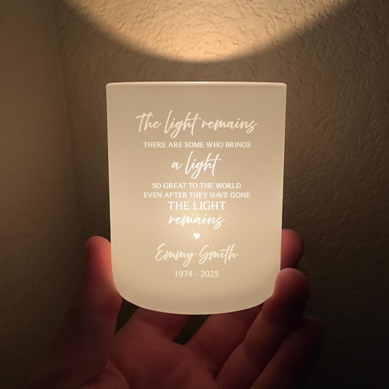 A custom funeral candle, the Personalized Memorial Tealight Holder is a cherished memorial remembrance gift and sympathy present.