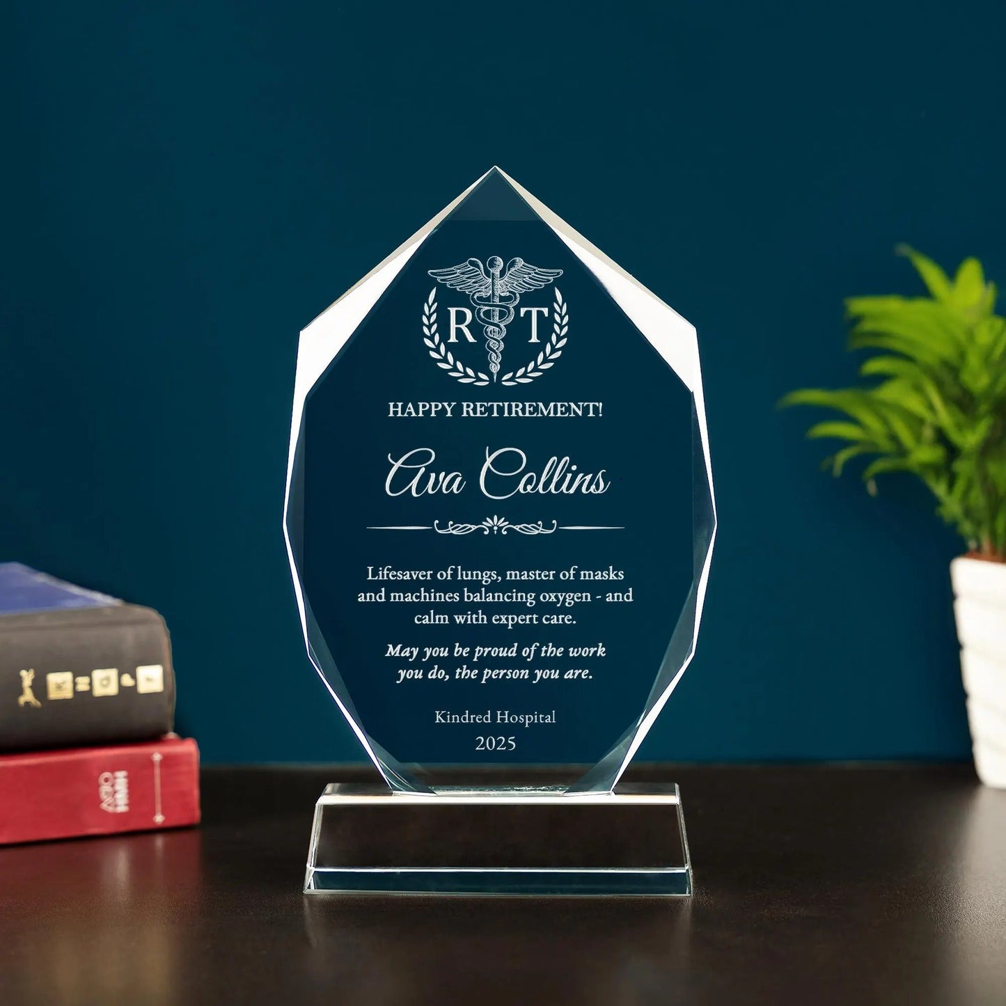 Custom engraved Personalized Respiratory Therapist Crystal Award perfect for pulmonologist gifts and retirement gifts  
