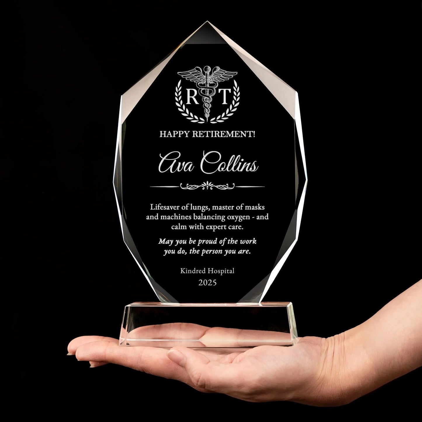 Elegant crystal Personalized Respiratory Therapist Crystal Award crafted for pulmonary critical care recognition and honors  