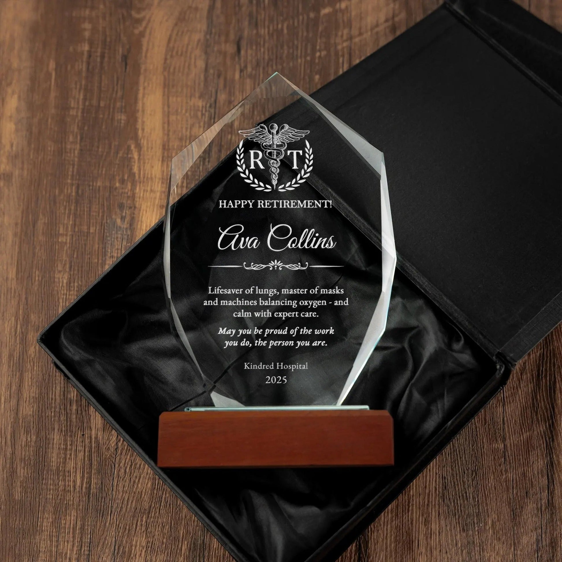 Timeless Personalized Respiratory Therapist Crystal Award presented as thoughtful retirement gifts and respiratory therapist gifts  