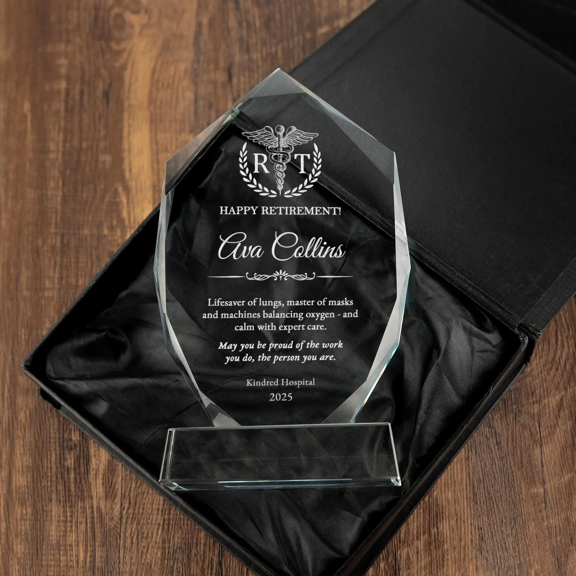 Beautiful Personalized Respiratory Therapist Crystal Award suitable for rt week gifts and pulmonologist gifts  