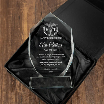 Beautiful Personalized Respiratory Therapist Crystal Award suitable for rt week gifts and pulmonologist gifts  