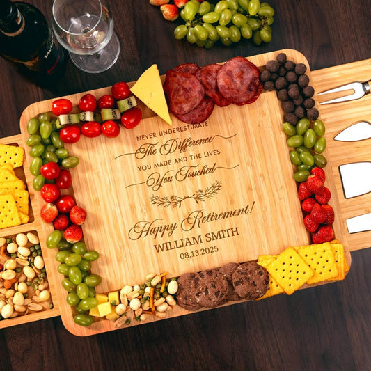 Personalized Retirement Bamboo Charcuterie Board, a thoughtful custom retirement gift for a boss or coworker.