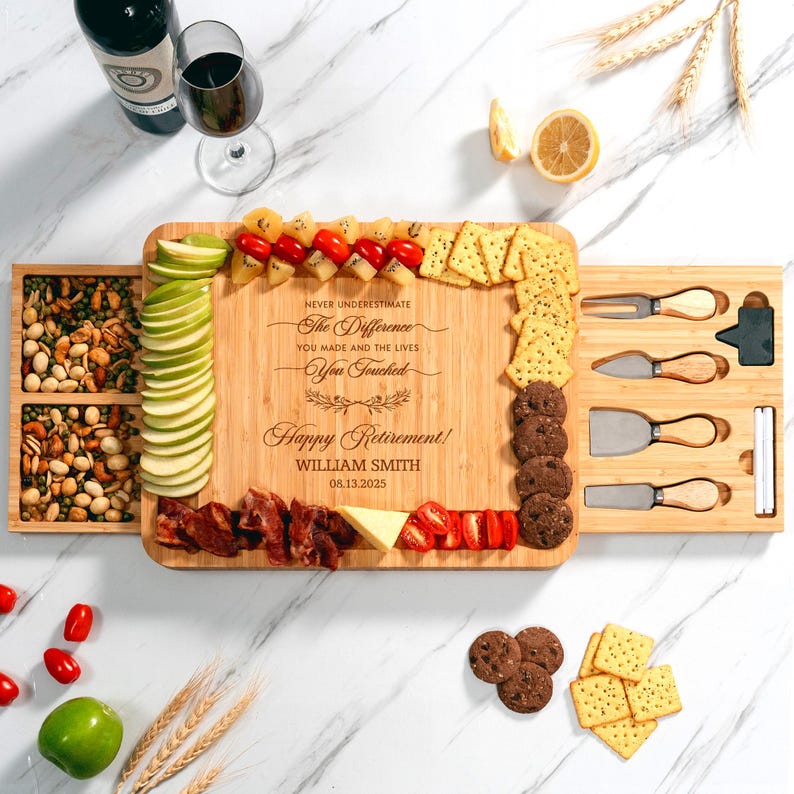 A custom Personalized Retirement Bamboo Charcuterie Board set, featuring engraved tools, serving as a unique goodbye gift.
