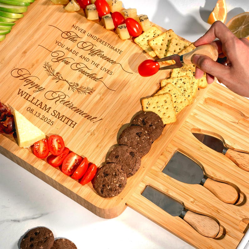 This premium bamboo cheese board is a beautifully personalized retirement gift, ideal for a departing boss.