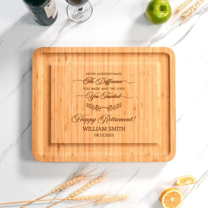 A Personalized Retirement Bamboo Charcuterie Board, one of the best going away gifts for coworkers and supervisors.