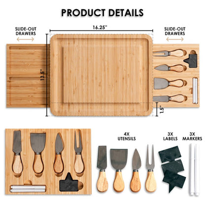 The complete personalized cheese board set, a thoughtful retirement gift for a boss, crafted from premium bamboo.