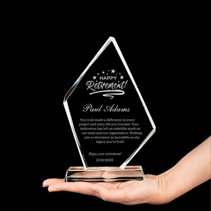 Retirement gift for boss featuring custom engraved crystal award with heartfelt message  