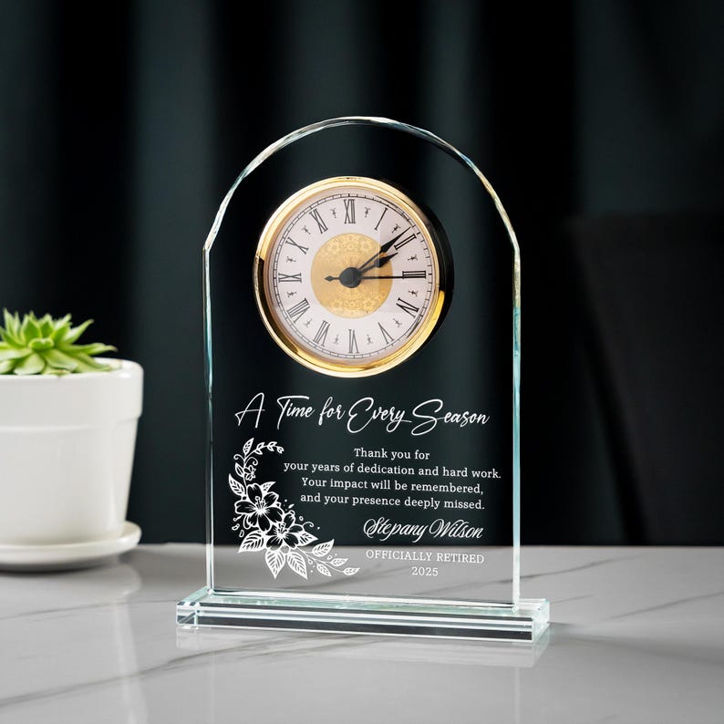 Personalized Retirement Crystal Desk Clock for Employee designed as a meaningful retirement gift for boss
