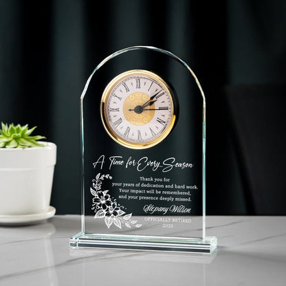 Personalized Retirement Crystal Desk Clock for Employee designed as a meaningful retirement gift for boss