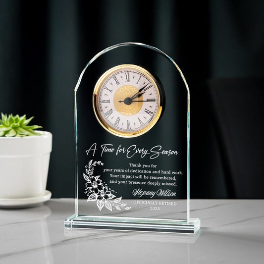 Personalized Retirement Crystal Desk Clock for Employee designed as a meaningful retirement gift for boss