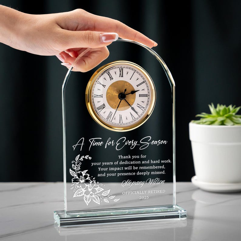 Personalized Retirement Crystal Desk Clock for Employee showcased as thoughtful retirement gifts for coworkers