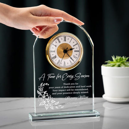 Personalized Retirement Crystal Desk Clock for Employee showcased as thoughtful retirement gifts for coworkers