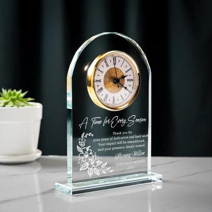 Unique Personalized Retirement Crystal Desk Clock for Employee presented as departure gifts for coworkers