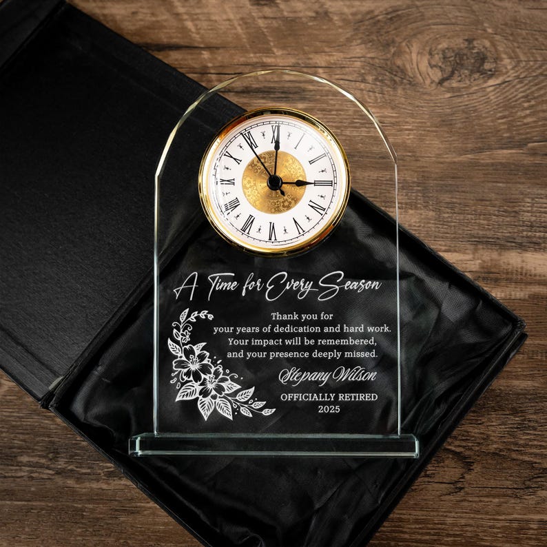 Personalized Retirement Crystal Desk Clock for Employee highlighted as elegant employee appreciation gifts