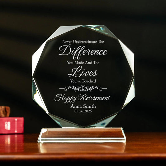 Personalized Retirement Crystal Employee Award designed as meaningful retirement gifts and elegant employee appreciation gifts  