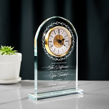Elegant Personalized Retirement Glass Desk Clock presented as a thoughtful retirement gift for boss