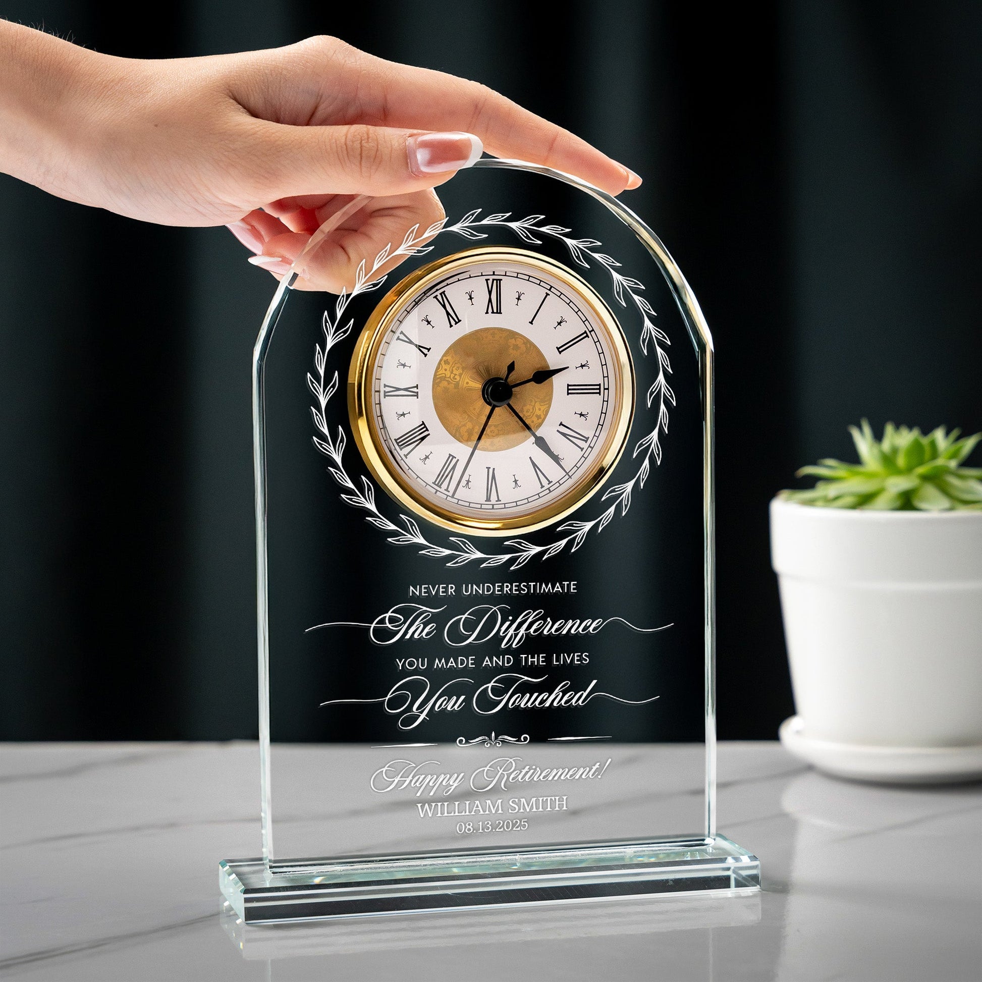 Personalized Retirement Glass Desk Clock created as unique departure gifts for coworkers