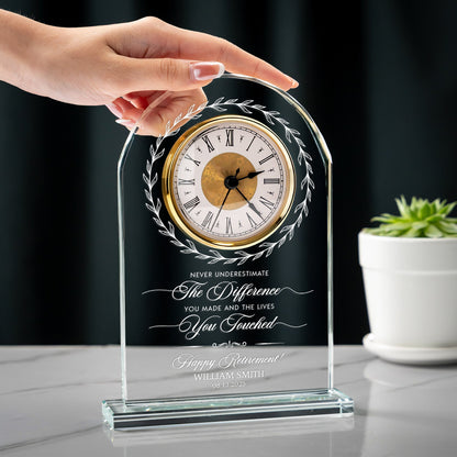 Personalized Retirement Glass Desk Clock created as unique departure gifts for coworkers