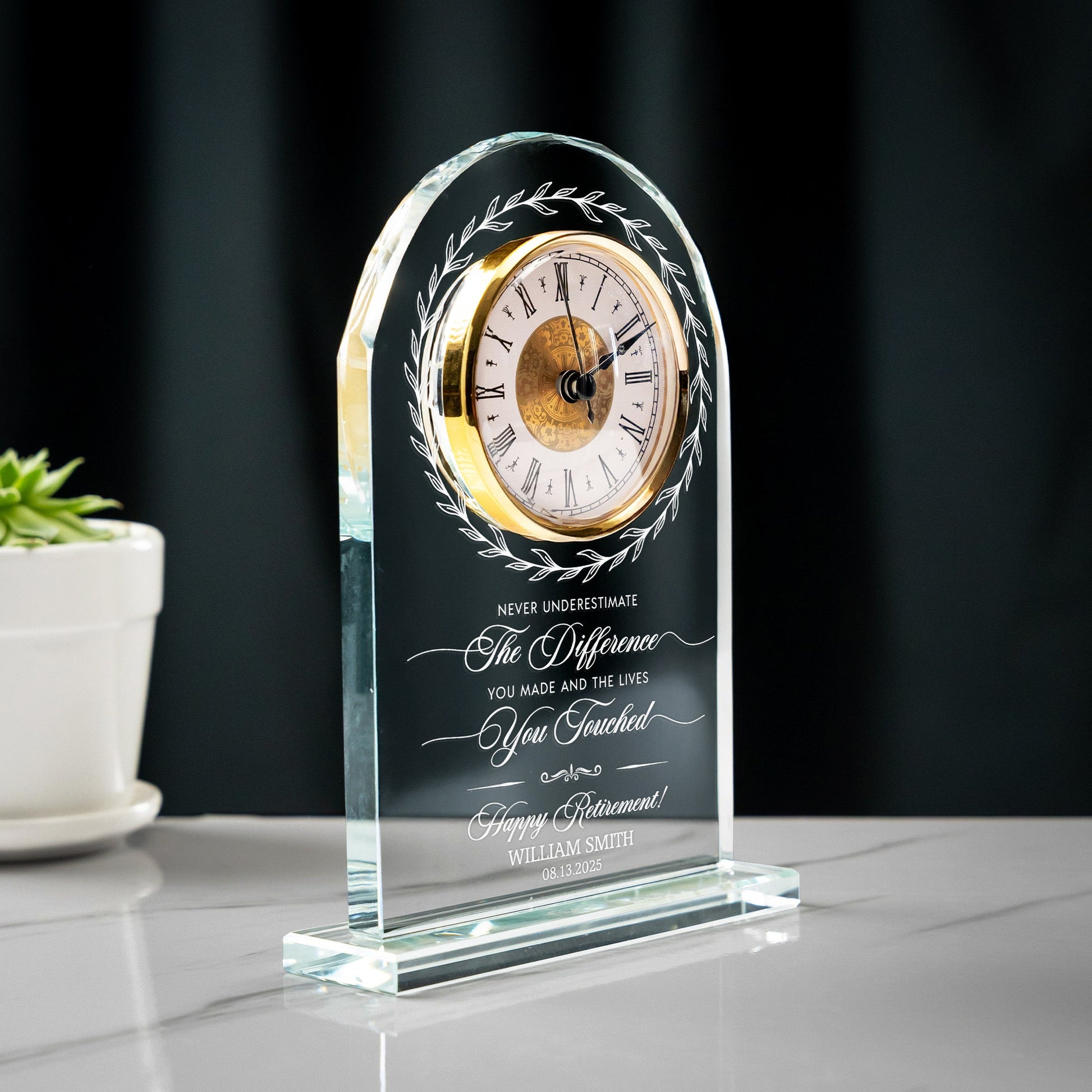 Custom clock style Personalized Retirement Glass Desk Clock ideal for retirement gifts for coworkers
