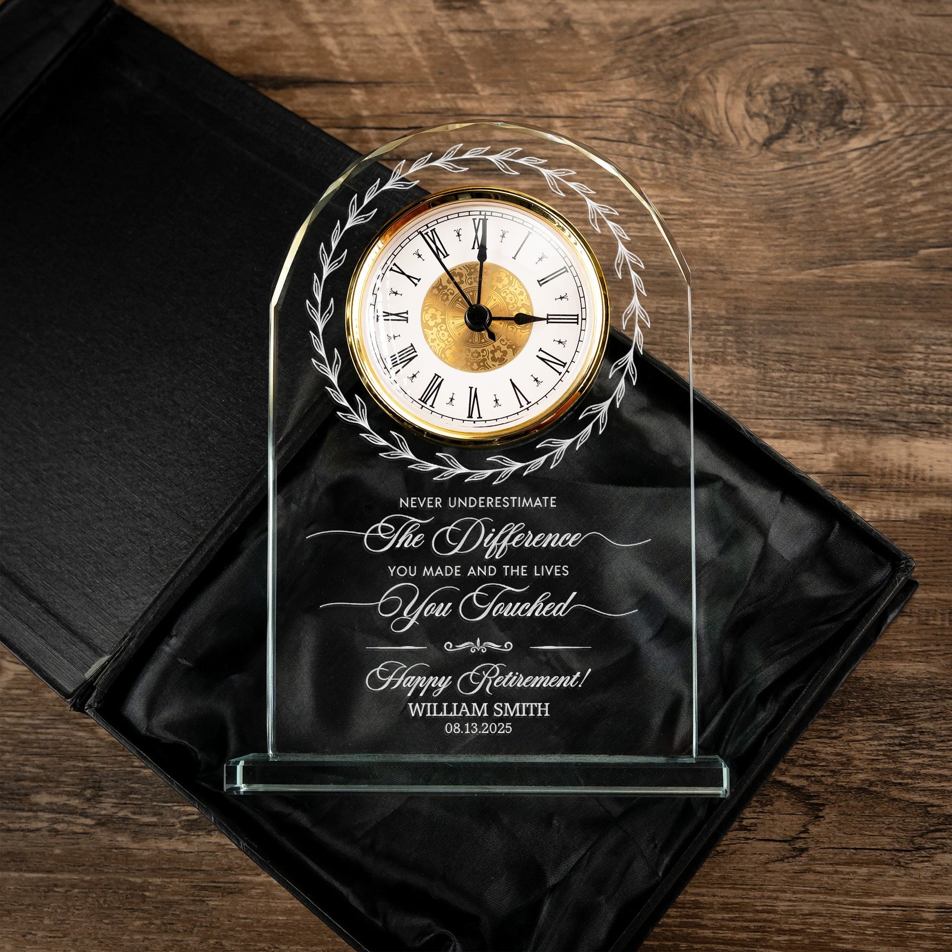 Personalized Retirement Glass Desk Clock crafted as a meaningful retirement gift for boss