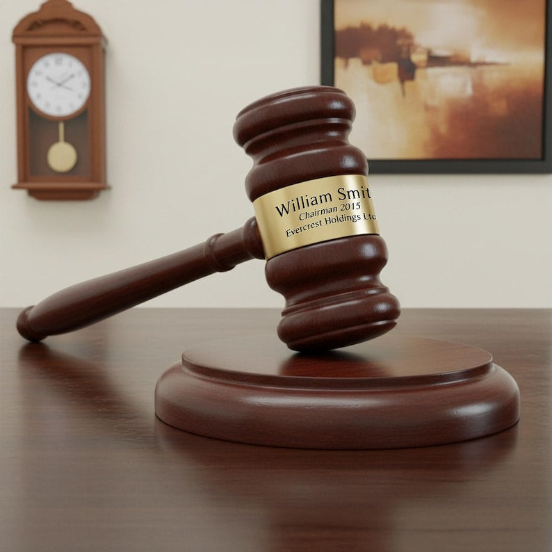 A Personalized Retirement Wooden Gavel Set, a perfect custom gavel and one of the best personalized retirement gifts.